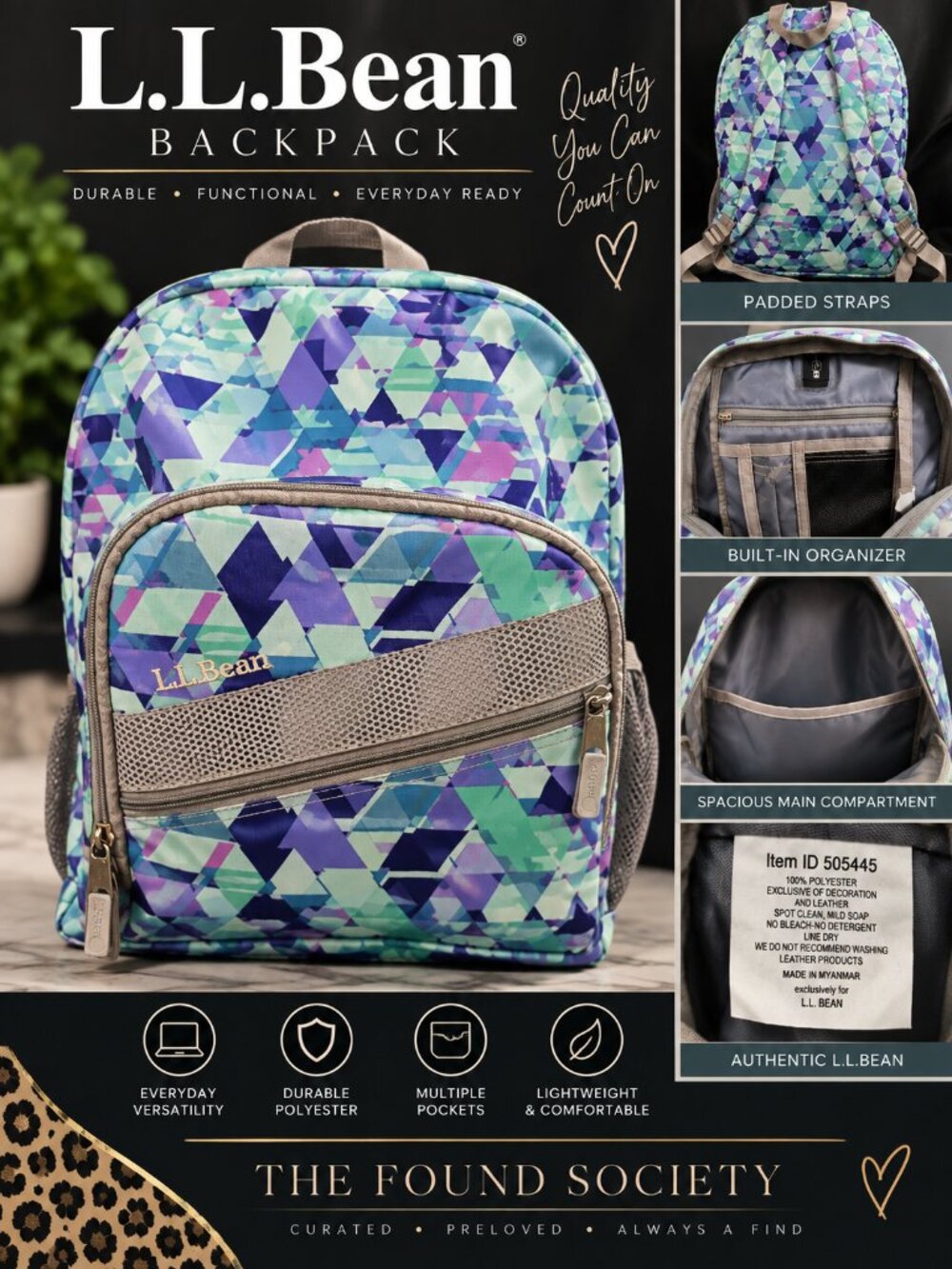 L.L.Bean Deluxe Book Pack Backpack Teal Purple Geometric 505445